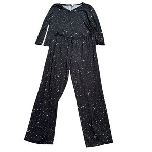 Cotton Club Pajama Set Women Small Black Good Star Print Henley Wide Leg